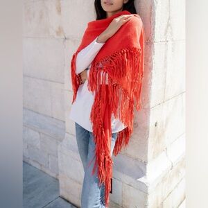 Pinotti Chic Coral/Burnt Orange Italian Wool & Cashmere Blend Fringed Wrap Shawl
